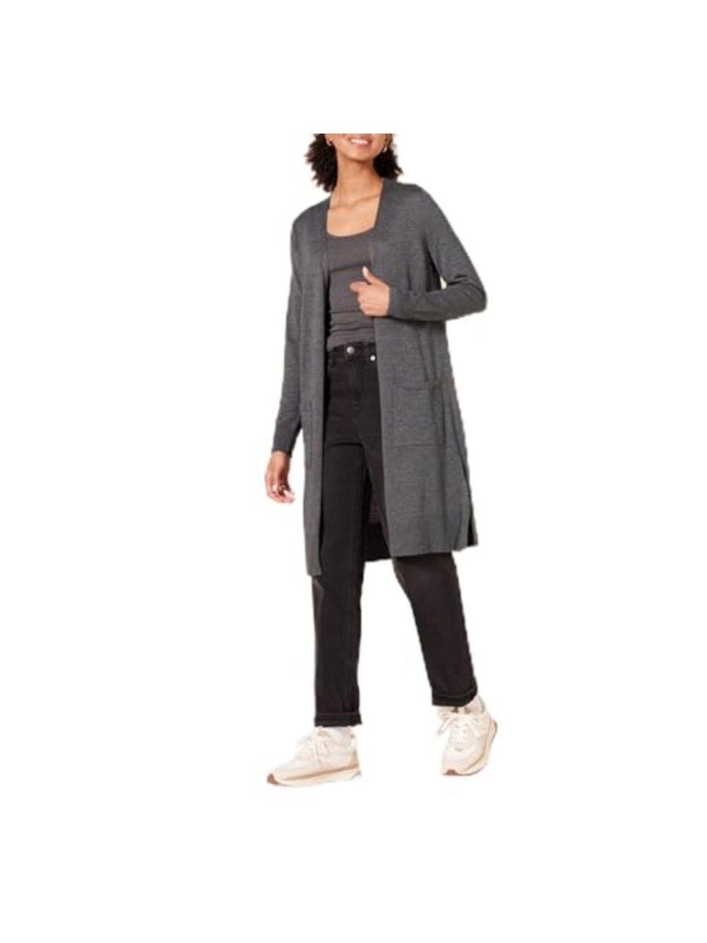 Lightweight Longer Length Cardigan Sweater Open Front Patch Pockets